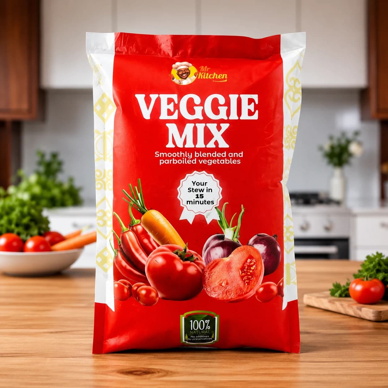 A pack of Mr Kitchen Veggie Mix surrounded by fresh tomatoes, peppers and onions